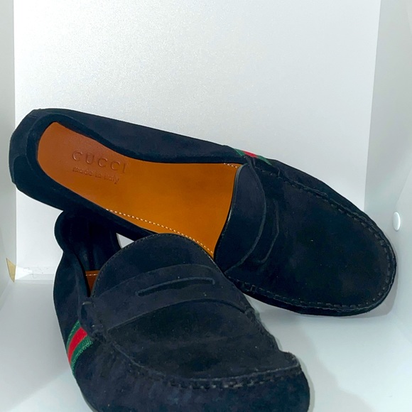 Gucci Web Stripe Black Suede Loafers Moccasins